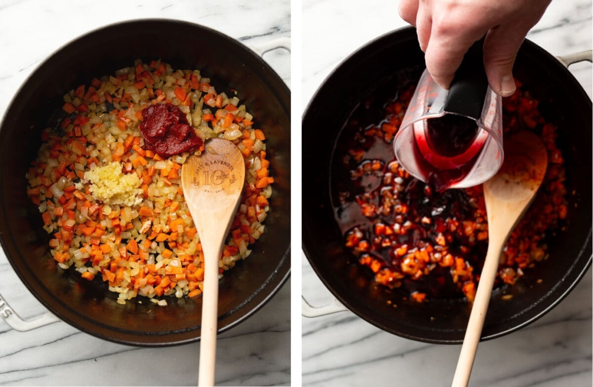 cooking aromatics in a dutch oven and adding red wine