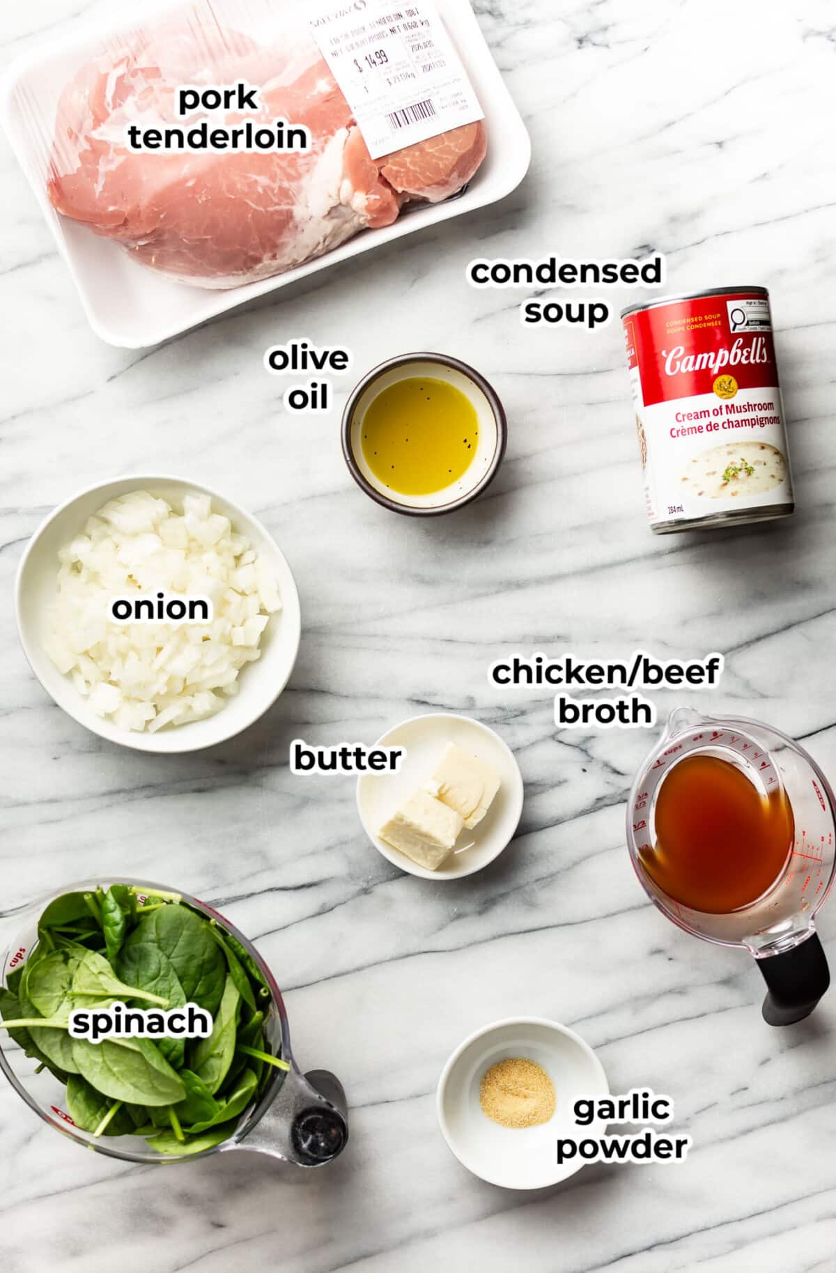 ingredients for cream of mushroom soup pork tenderloin in prep bowls