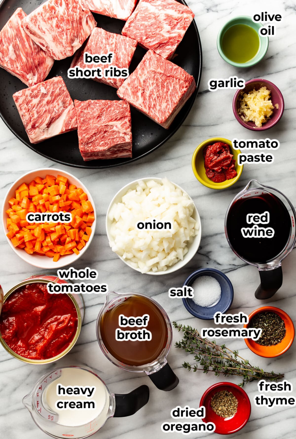 ingredients for beef short rib ragu in prep bowls