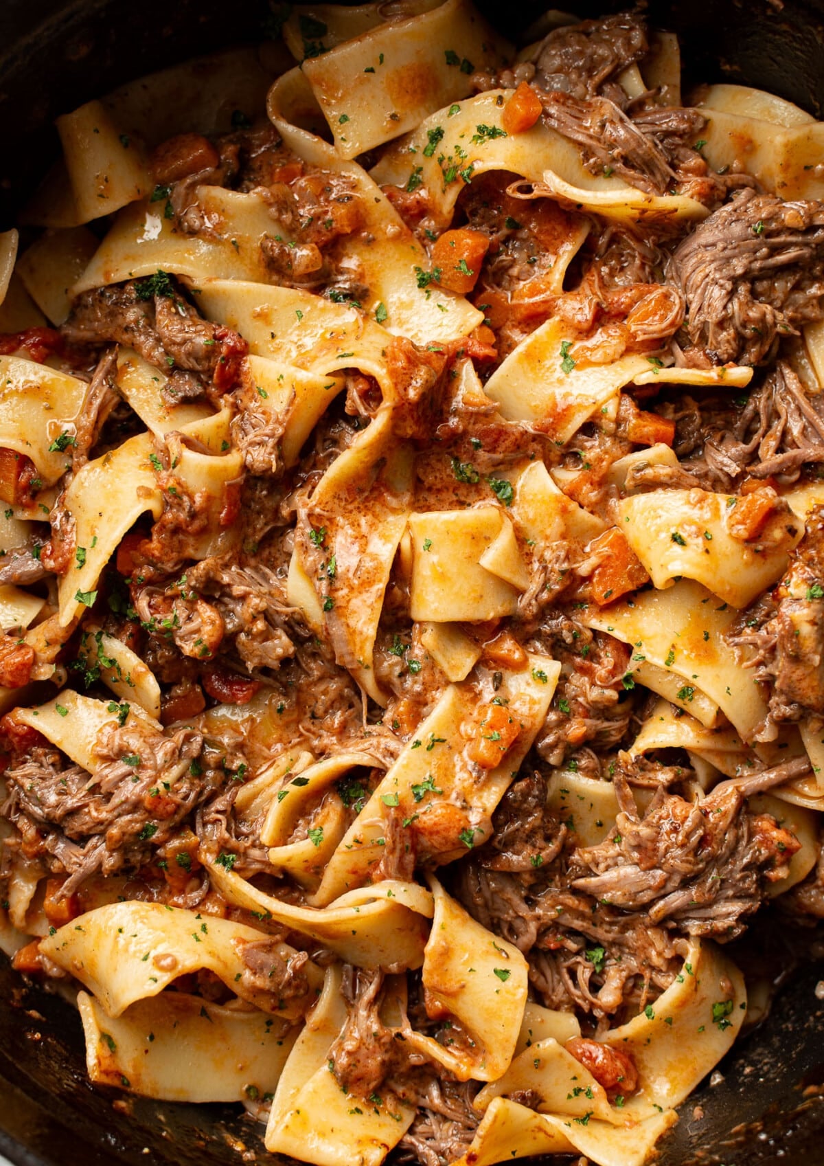 closeup of short rib ragu with pappardelle pasta