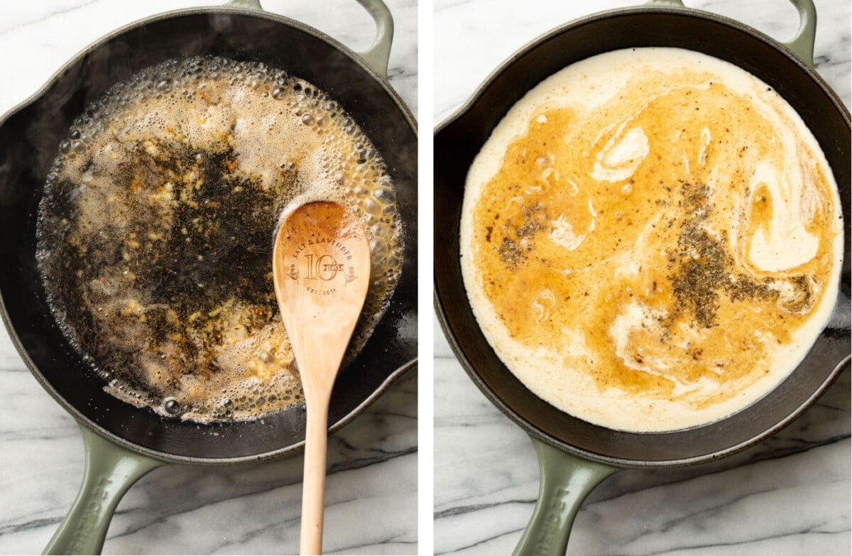 making sauce for chicken florentine meatballs in a skillet