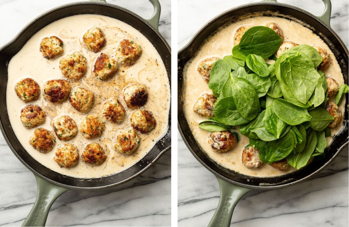 adding fresh spinach to a skillet with chicken florentine meatballs