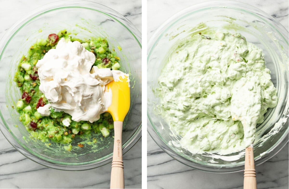 folding cool whip into watergate salad with a spatula