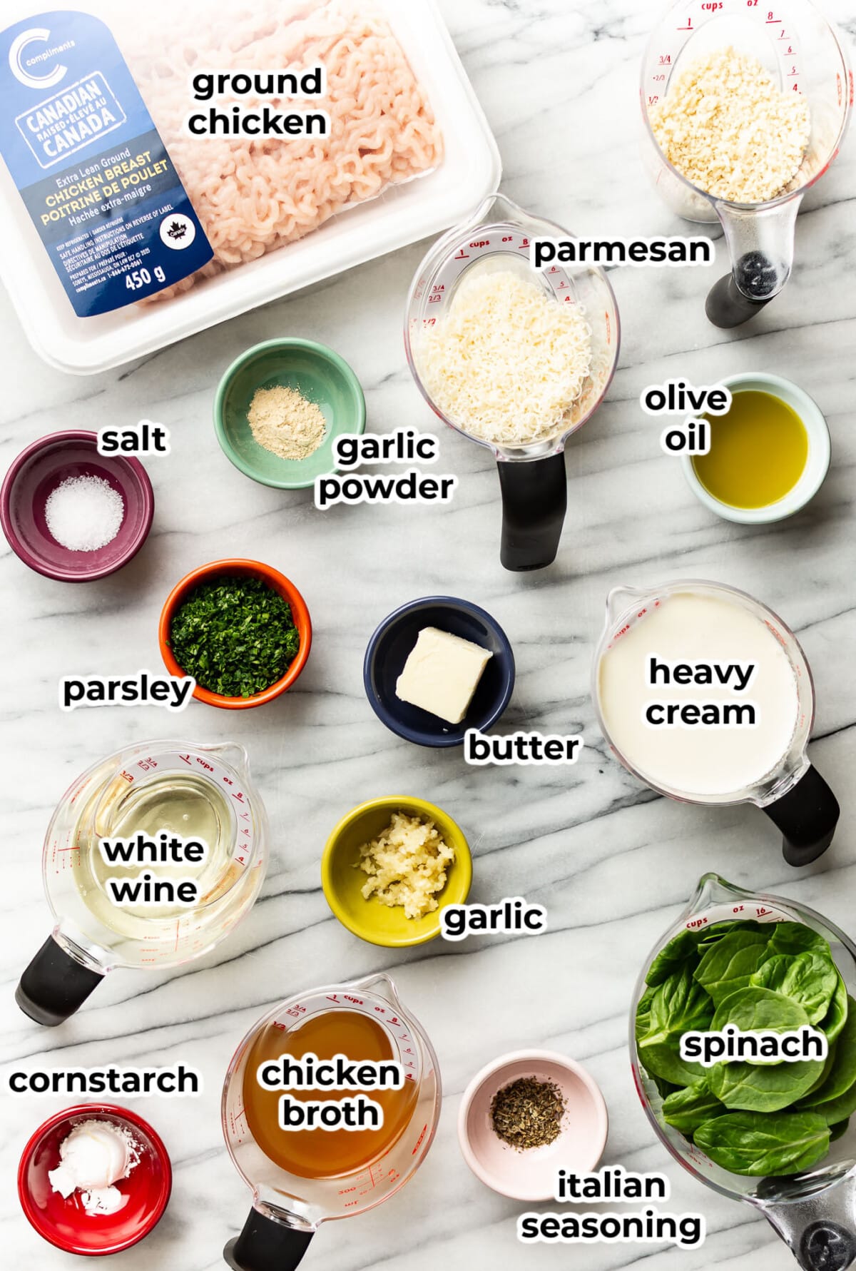 ingredients for chicken florentine meatballs in prep bowls