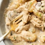 closeup of a bowl of chicken mushroom white wine gnocchi with a fork