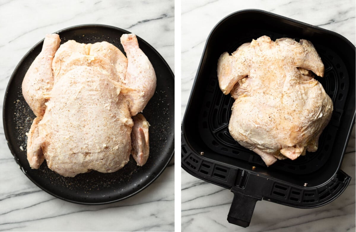 buttering up a whole chicken and adding to an air fryer basket