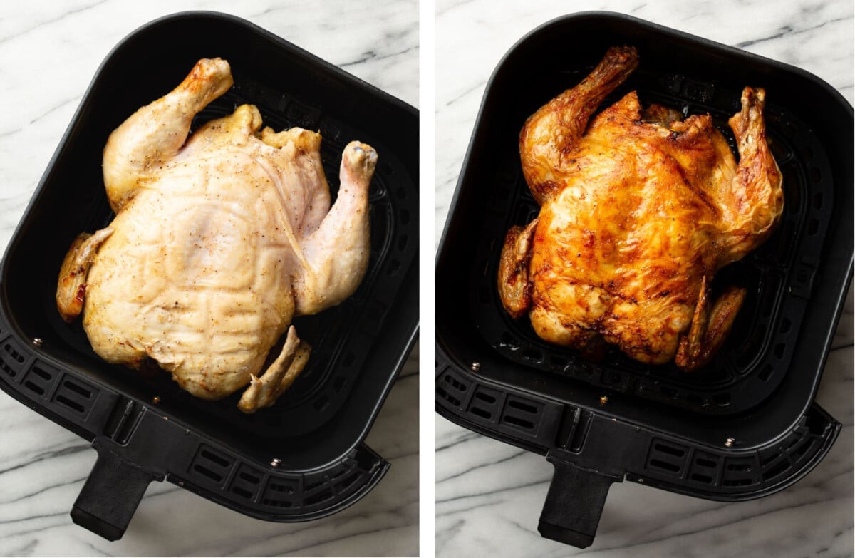 chicken before and after roasting in an air fryer