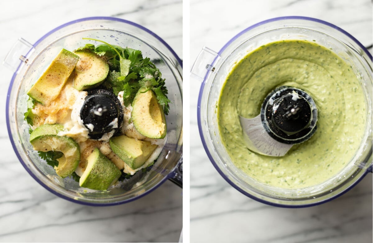 making creamy avocado sauce in a food processor