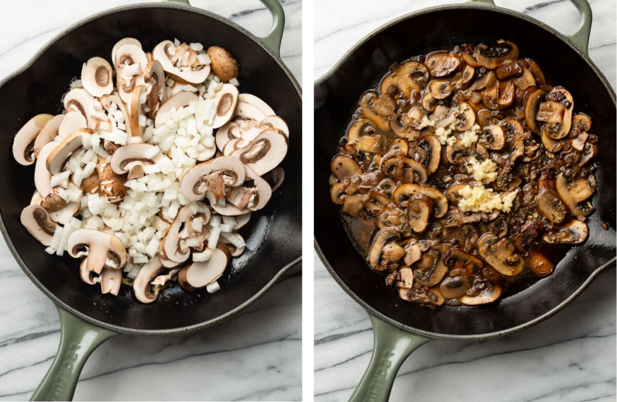a skillet before and after searing mushrooms and onions