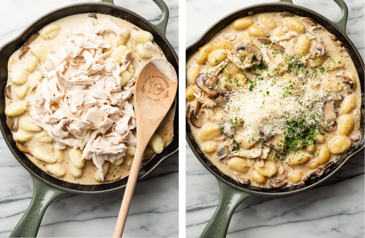 stirring parmesan and parsley into a skillet with chicken mushroom white wine gnocchi