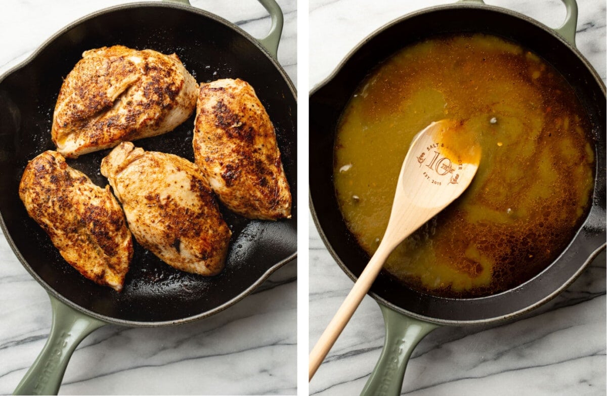pan searing chicken in a skillet and making green chile enchilada sauce