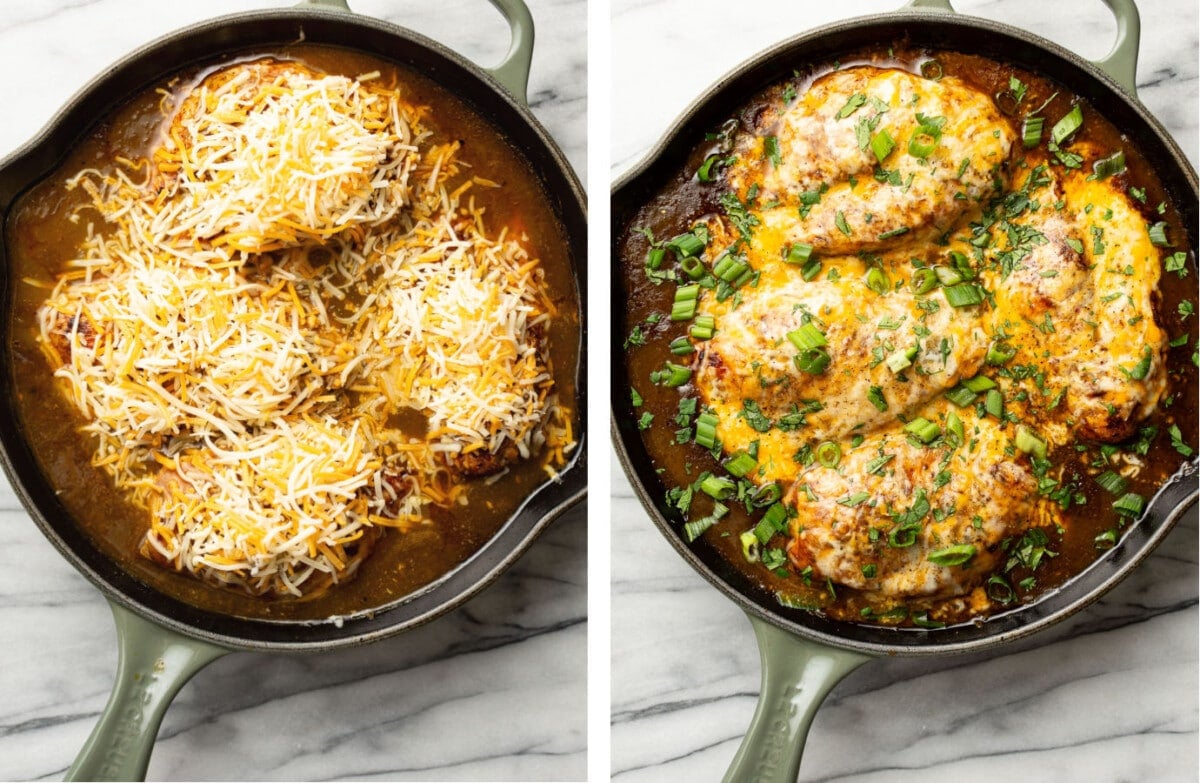 green chile chicken before and after being cooked in a skillet