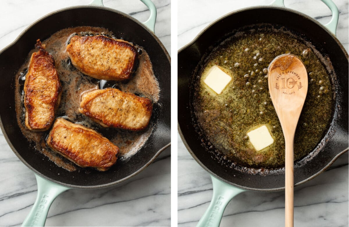 searing pork chops in a skillet and making piccata sauce
