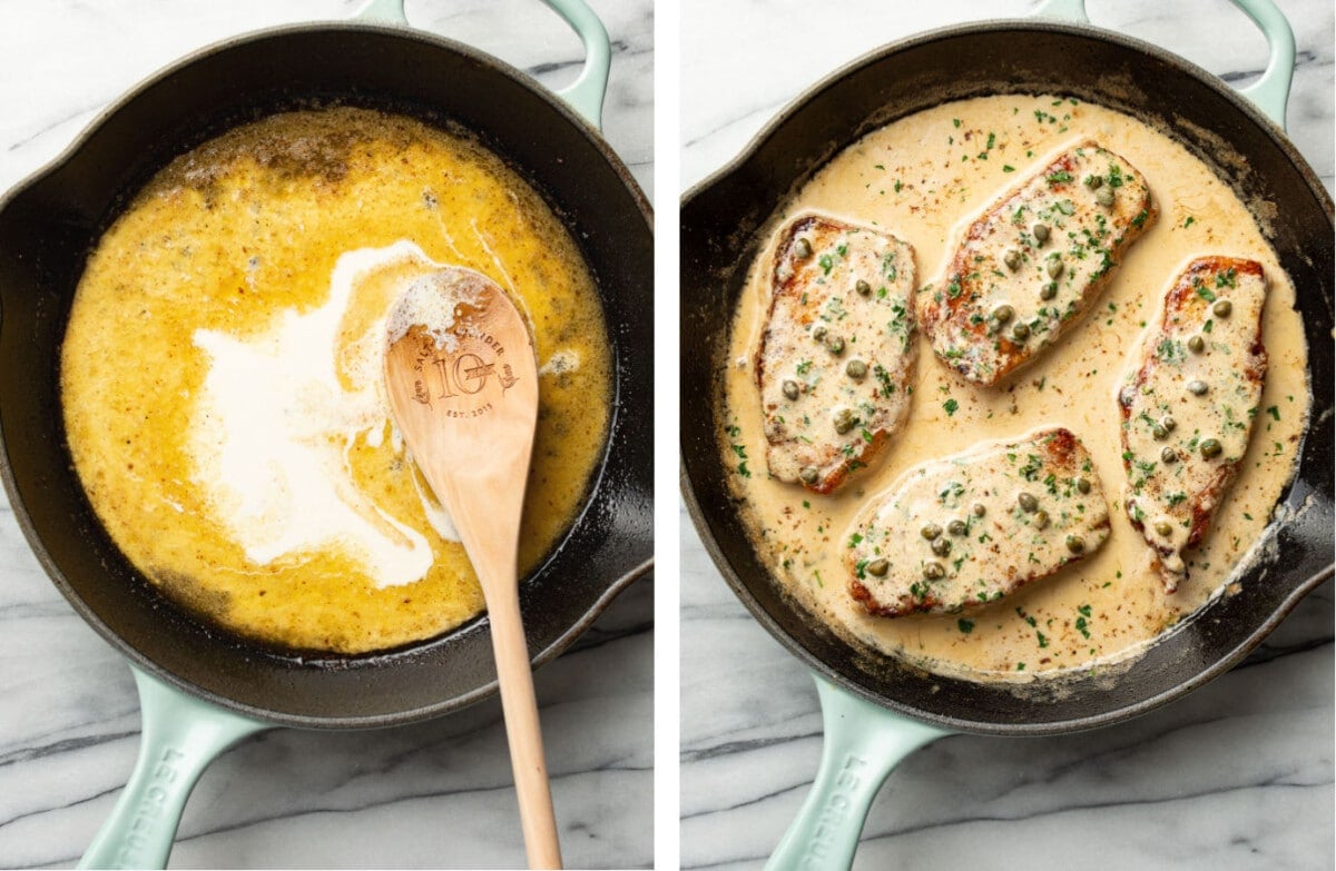 stirring cream into a skillet with piccata sauce and adding in pork chops