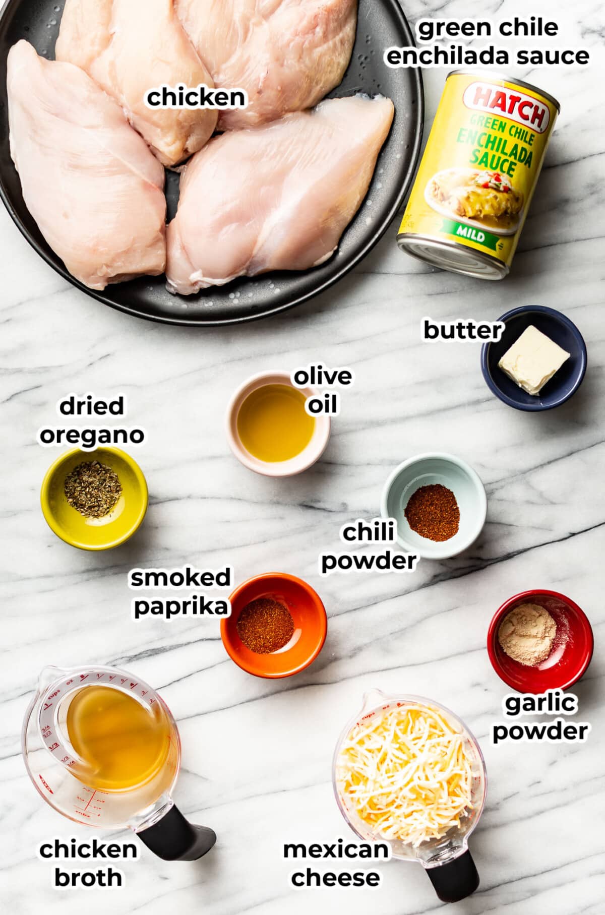 ingredients for green chile chicken in prep bowls