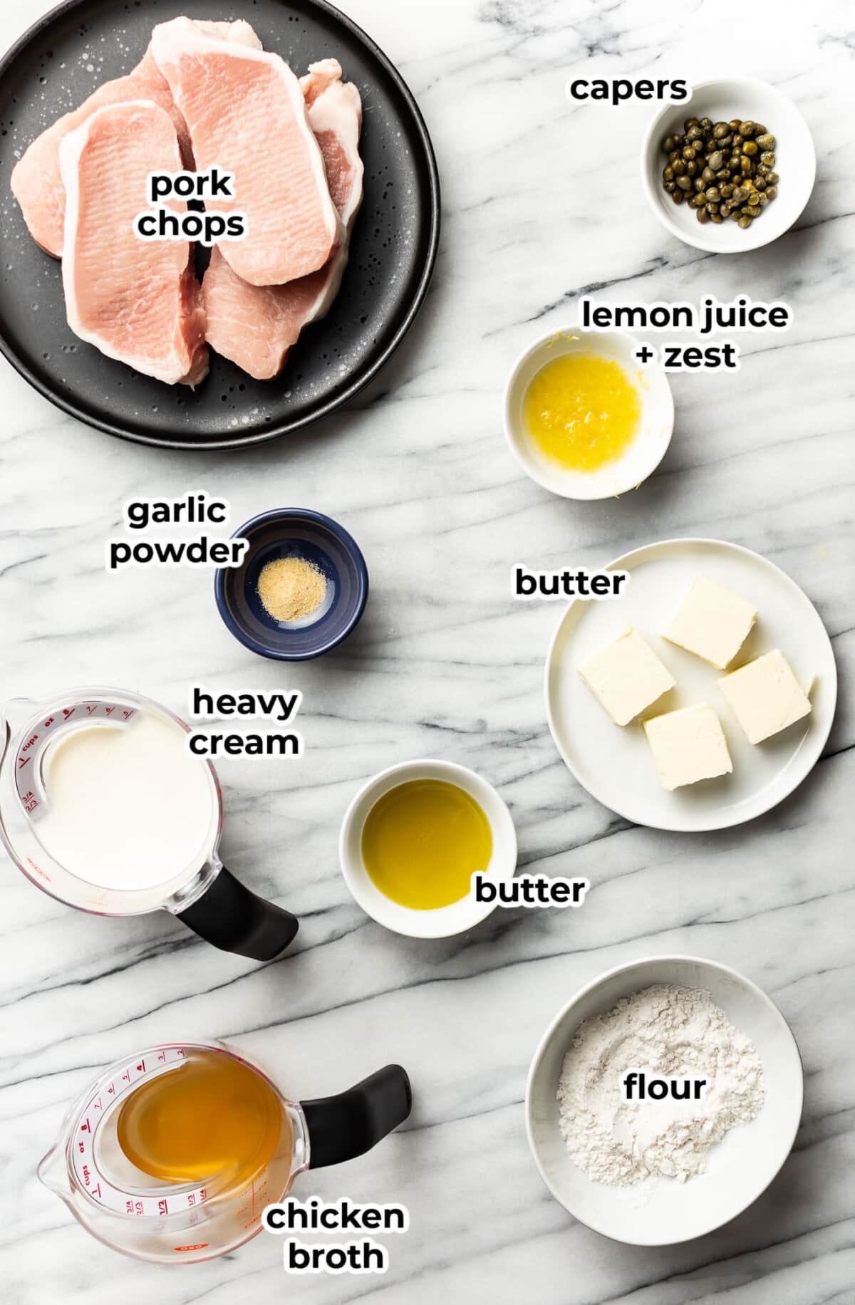 ingredients for pork chop piccata in prep bowls