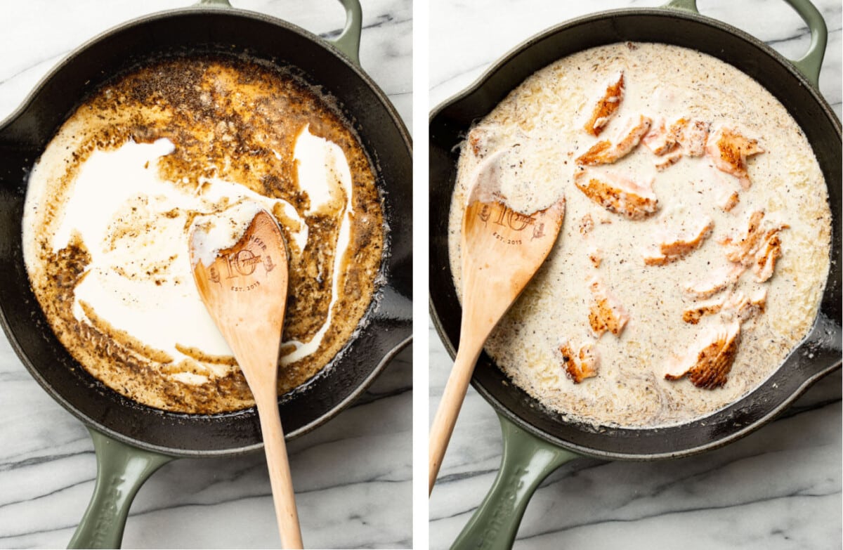 stirring cream into a sauce in a skillet and adding in salmon