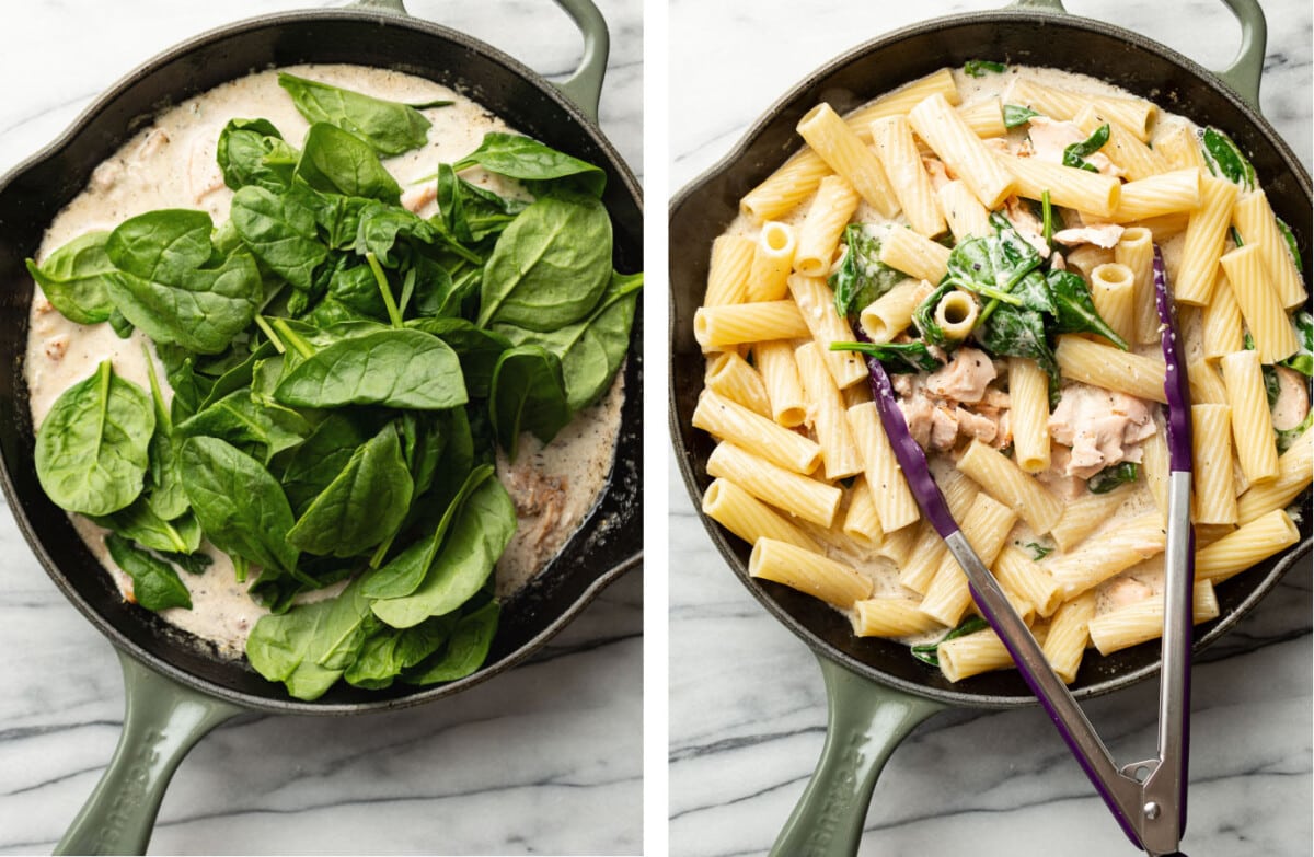 adding spinach to a skillet and tossing with pasta and salmon