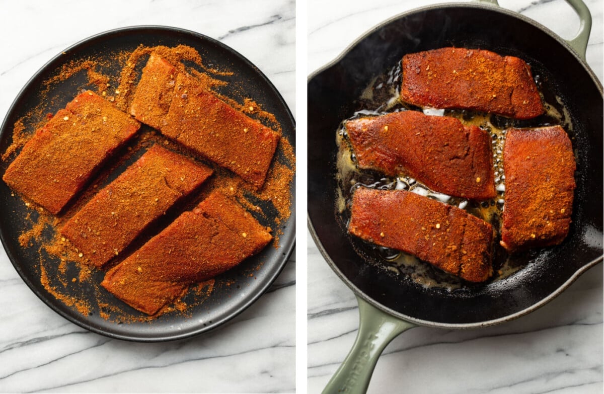seasoning salmon and pan frying in a skillet