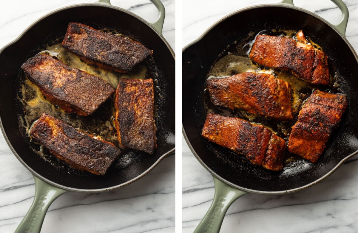 blackened salmon before and after cooking in a skillet