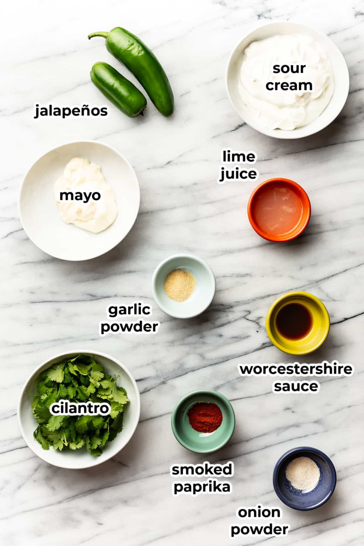 ingredients for jalapeno ranch in prep bowls