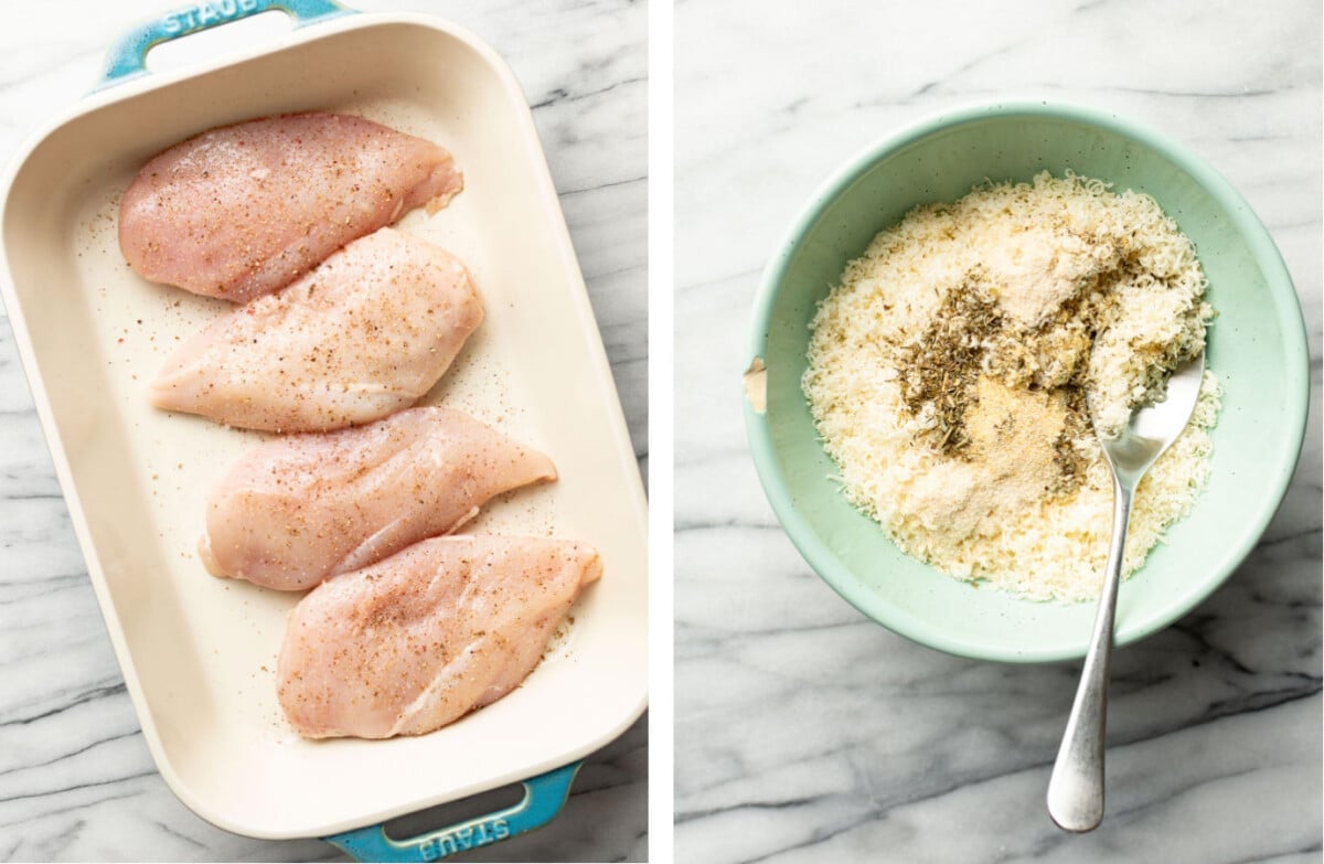 adding chicken to a baking dish and mixing parmesan topping in a prep bowl