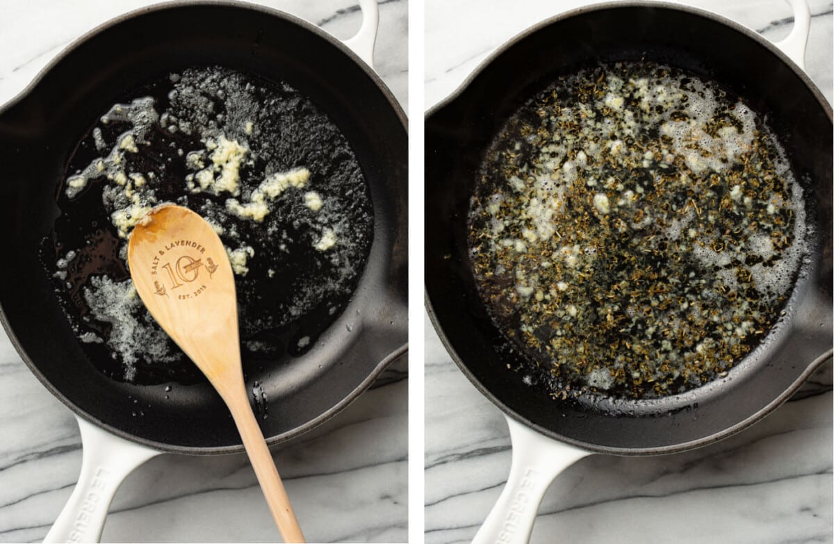 sauteing garlic in butter and adding in wine and herbs to a skillet