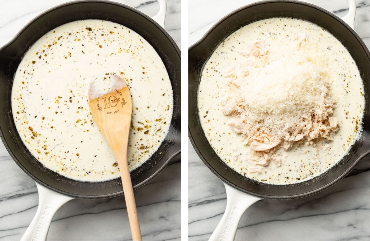 making lemon cream sauce in a skillet and adding parmesan and chicken