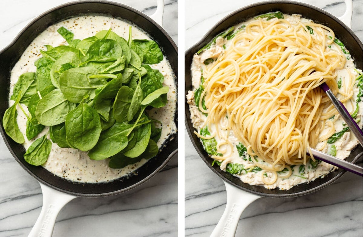 tossing pasta with lemon spinach cream sauce in a skillet