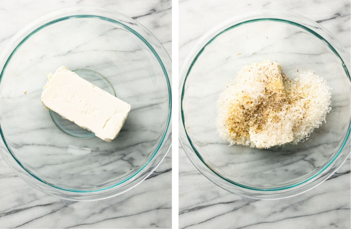 making cream cheese mixture in a glass prep bowl