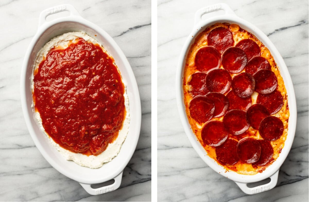 assembling pepperoni pizza dip in a ceramic dish then baking it
