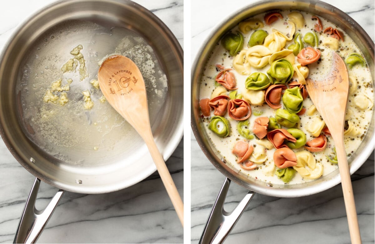 sauteing garlic in a skillet and making pesto sauce for tortellini
