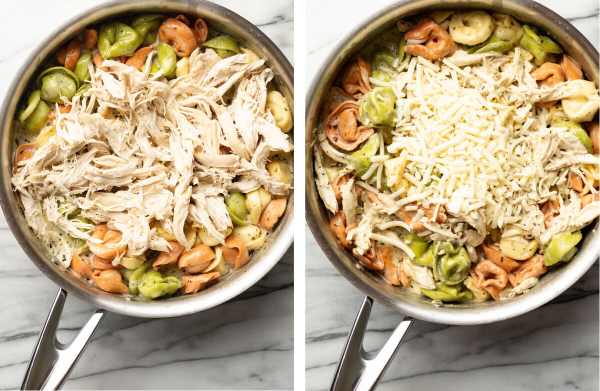 adding rotisserie chicken and mozzarella to a skillet with pesto tortellini
