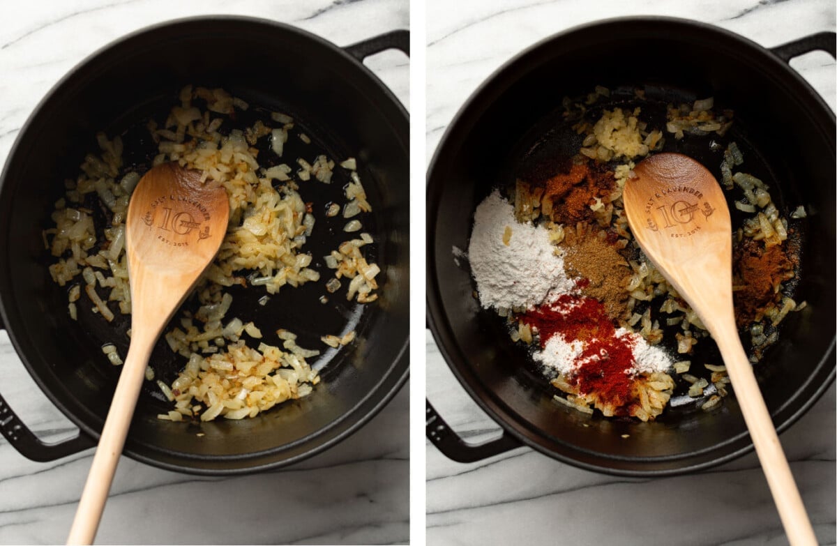 sauteing onions in a soup pot and adding in spices