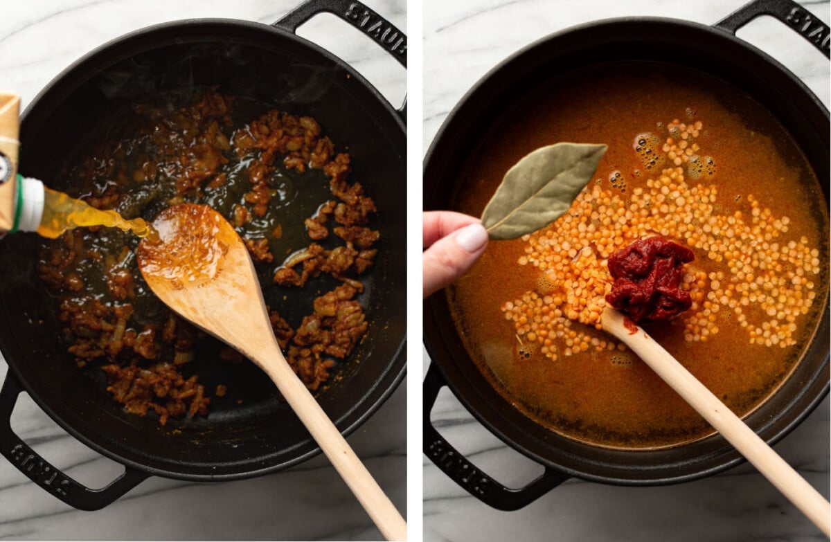 pouring in vegetable broth to a soup pot and adding in lentils