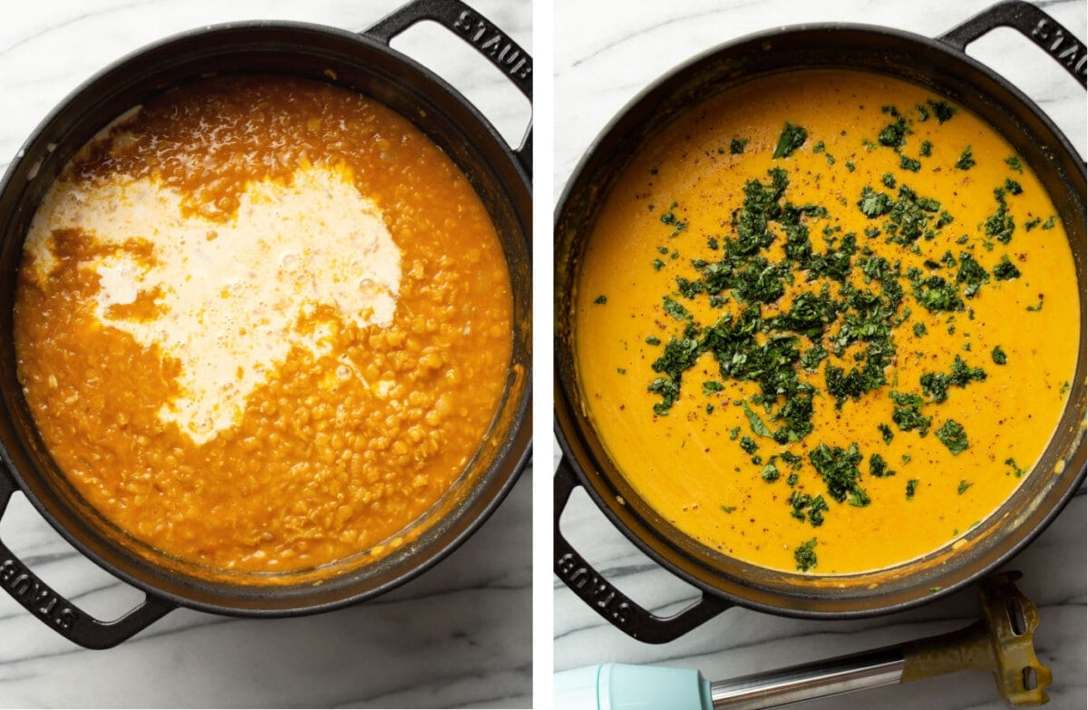 adding cilantro and evaporated milk to a pot of lentil soup