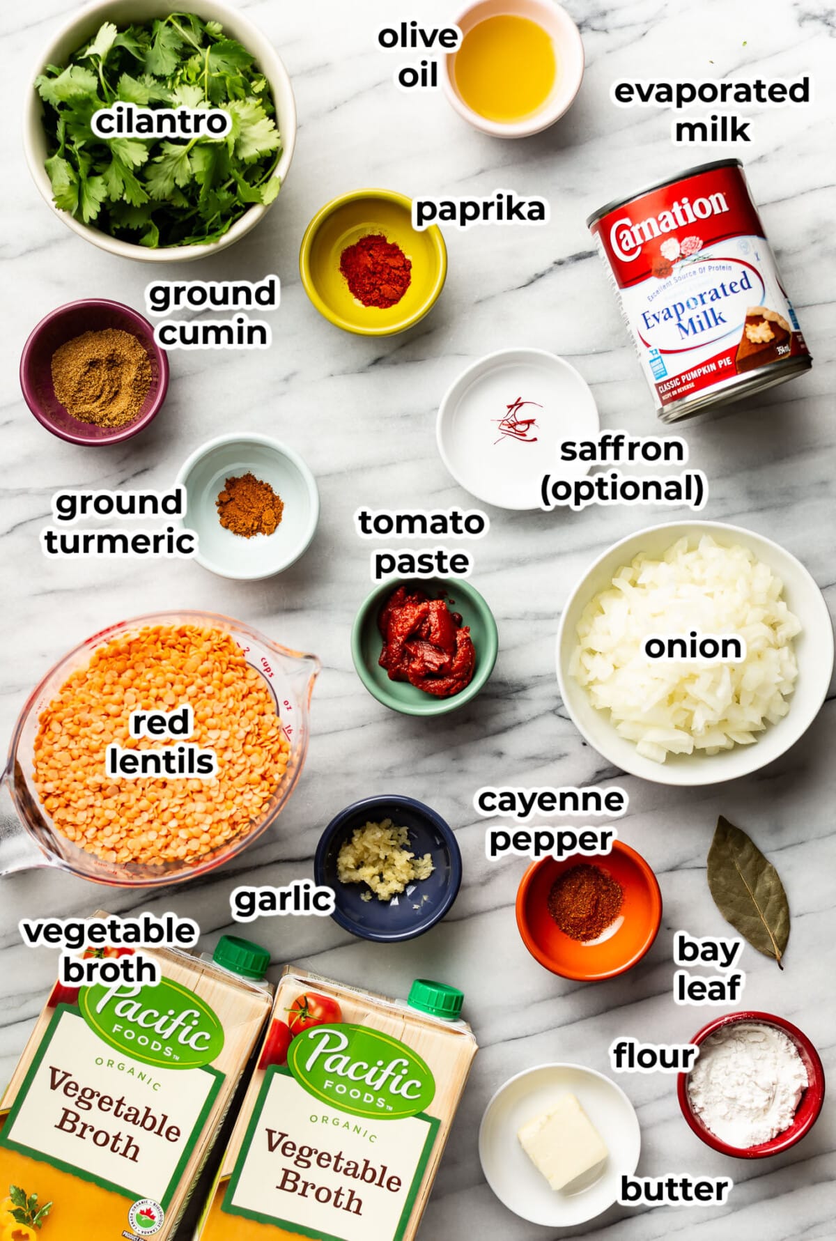 ingredients for spicy lentil soup in prep bowls