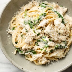 a bowl of lemon spinach chicken pasta