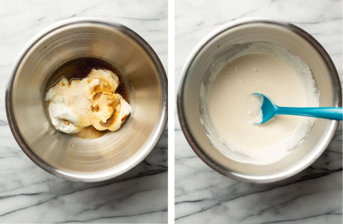 mixing together blue cheese dressing ingredients in a prep bowl