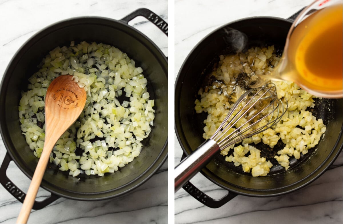 sauteing onions and garlic and adding chicken broth to a soup pot