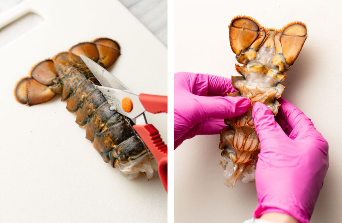 preparing a lobster tail with kitchen shears