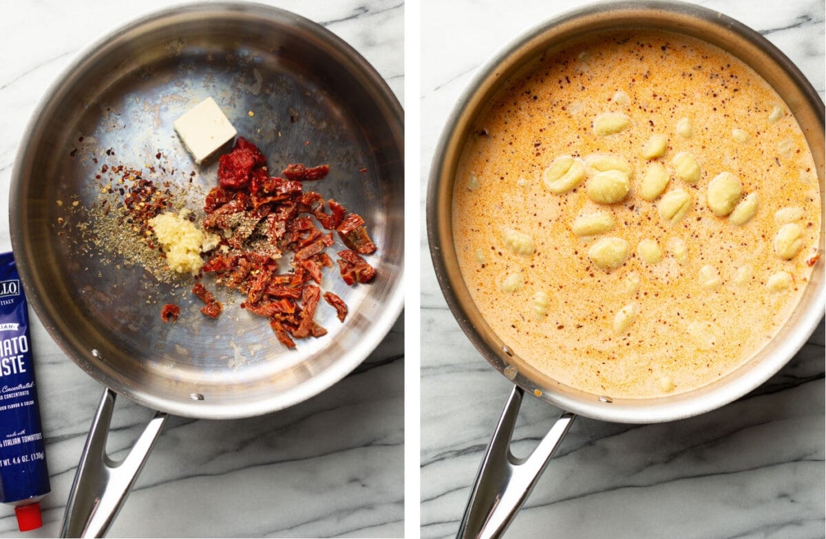 pan frying tomato paste and other aromatics and adding in broth, cream, and gnocchi