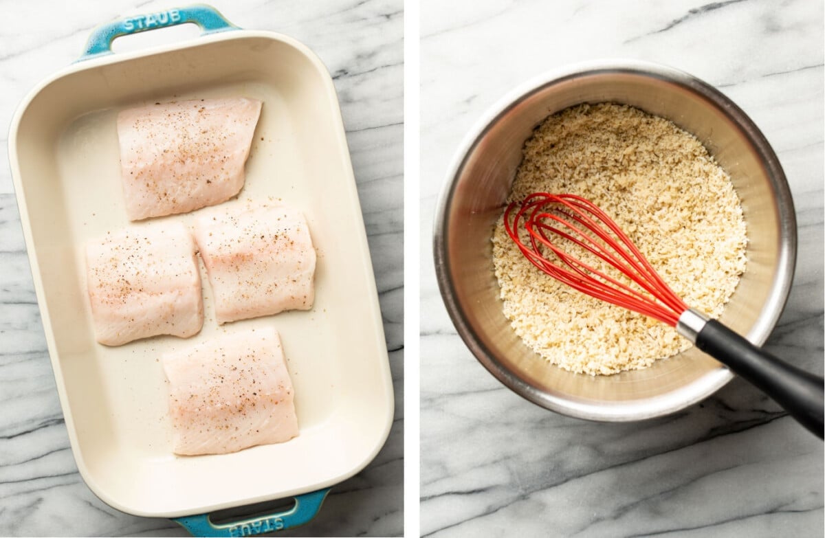 placing cod filets in a baking dish and whisking breadcrumb mixture