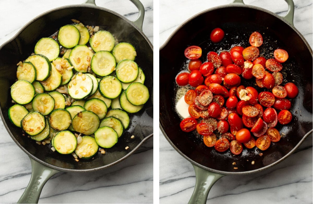 sauteing zucchini and onions in a skillet then cooking tomatoes