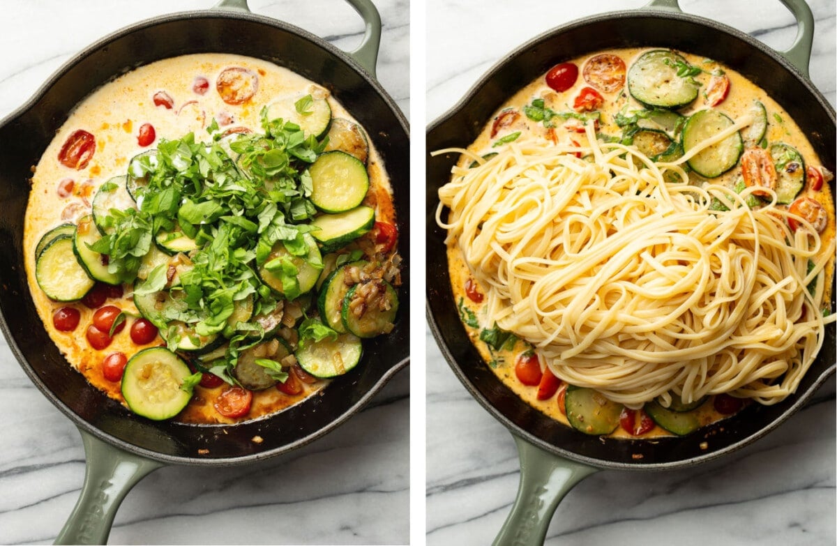 tossing pasta in a skillet with zucchini tomato sauce and fresh basil