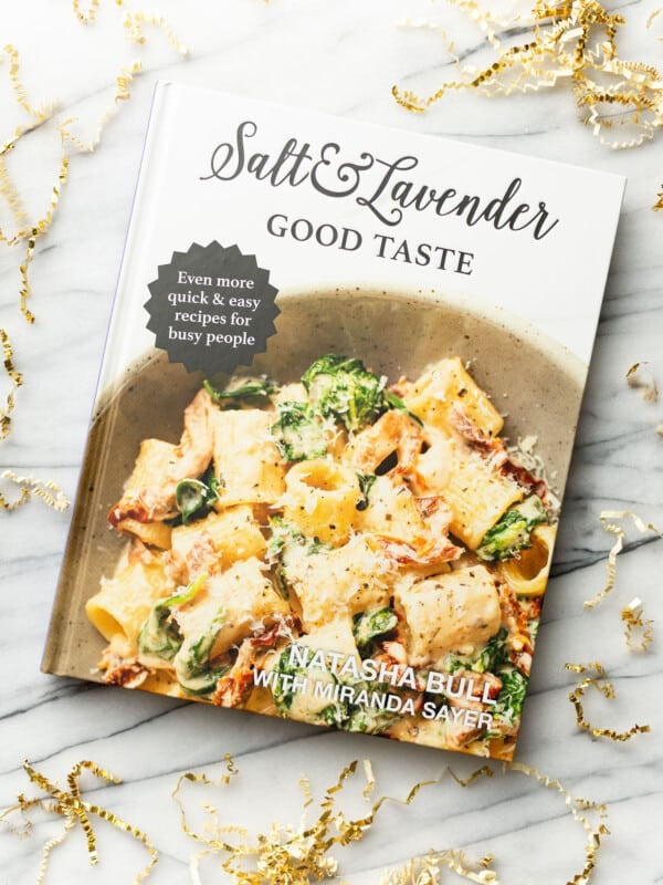 the salt and lavender good taste cookbook on a marble surface