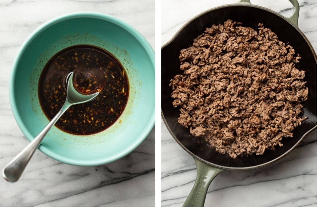 mixing sauce in a prep bowl and cooking ground beef in a skillet