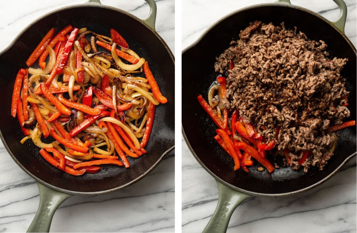 stir frying onions and peppers in a skillet and adding ground beef and sauce