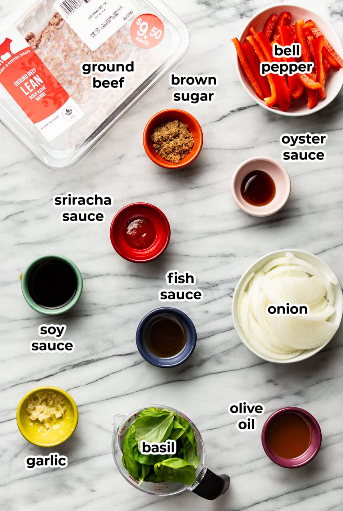 ingredients for basil beef in prep bowls