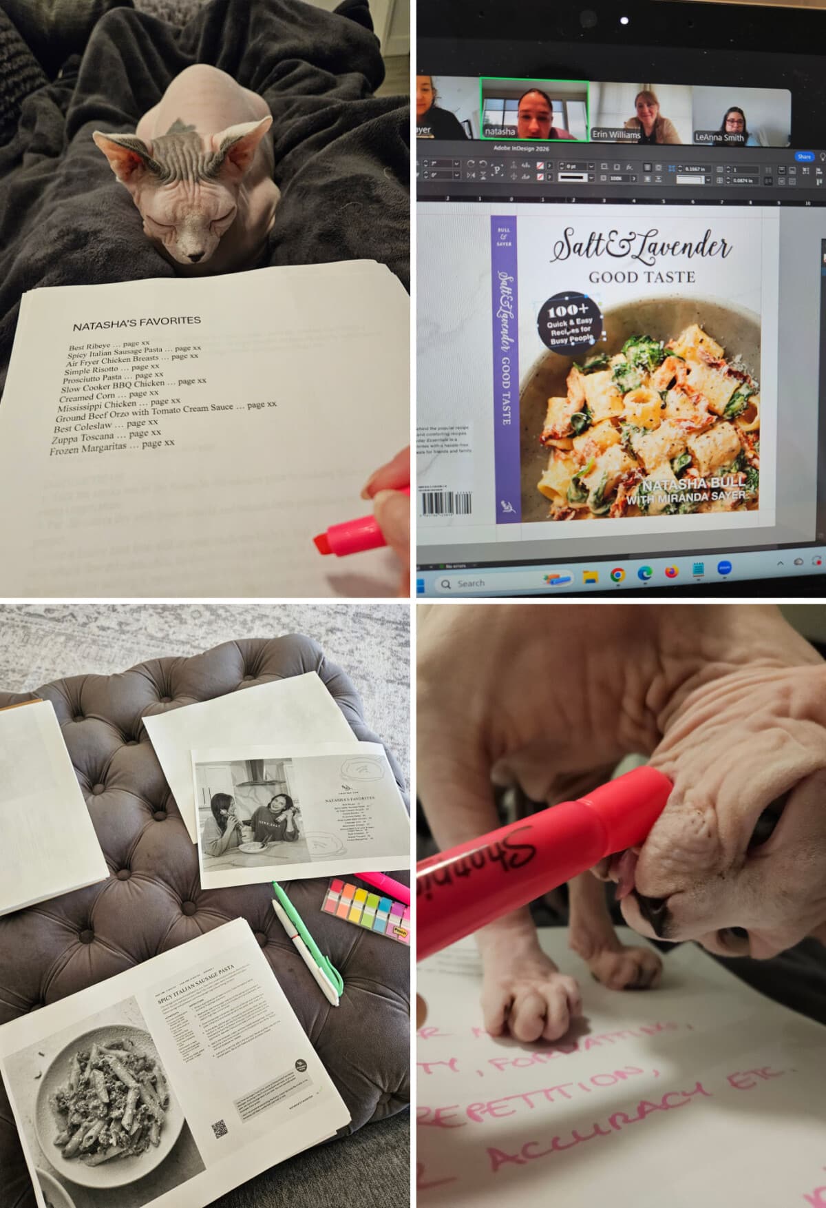 a collage featuring the process of making the salt and lavender good taste cookbook